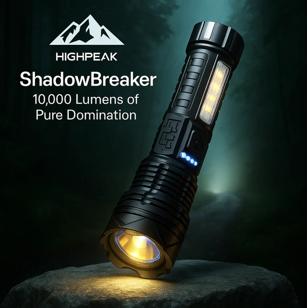 HighPeak ShadowBreaker flashlight in black on rock emitting bright yellow light in dark forest setting
