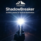 HighPeak ShadowBreaker flashlight emitting bright white 10,000 lumens light held in gloved hand at night outdoors