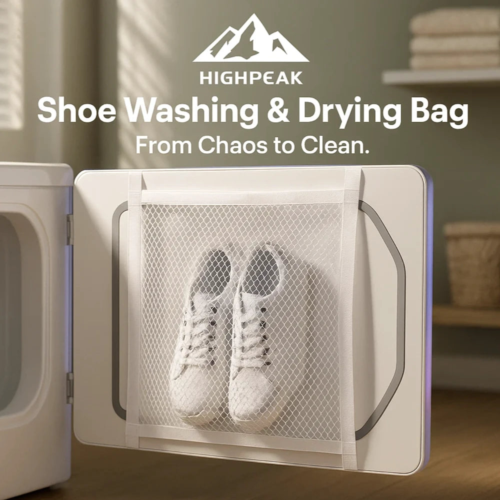 HighPeak Shoe Washing & Drying Bag in white mesh holding sneakers inside dryer door for secure, no-bang shoe cleaning.