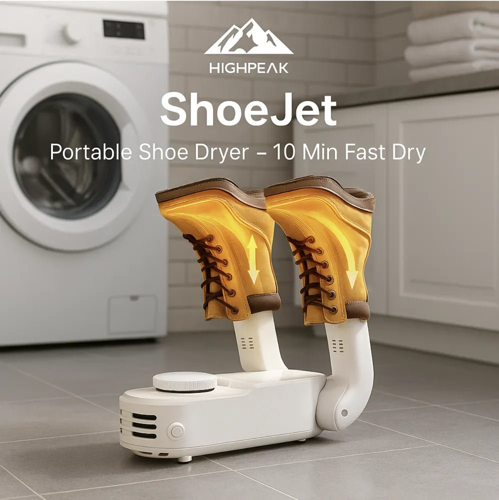 HighPeak ShoeJet™ shoe dryer with foldable arms drying tan boots on a bathroom floor near a washer machine.