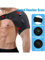 Shoulder Heating Pad close-up showing the adjustable chest strap, power button, and cable connection.