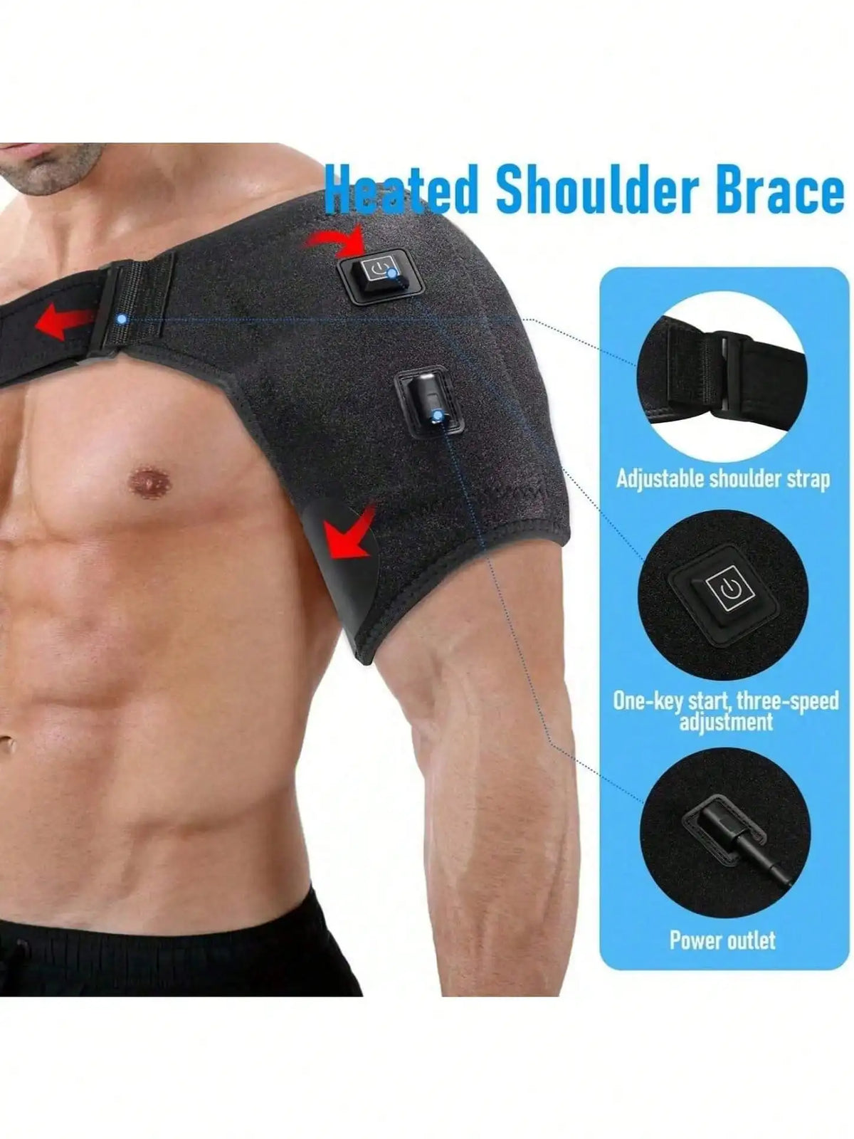 Shoulder Heating Pad close-up showing the adjustable chest strap, power button, and cable connection.