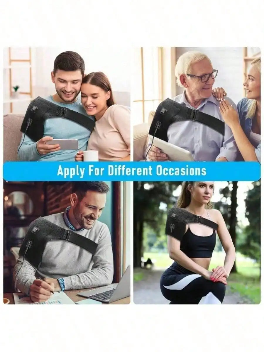 Shoulder Heating Pad worn by adults relaxing together, reading, working at a desk, and sitting after exercise.