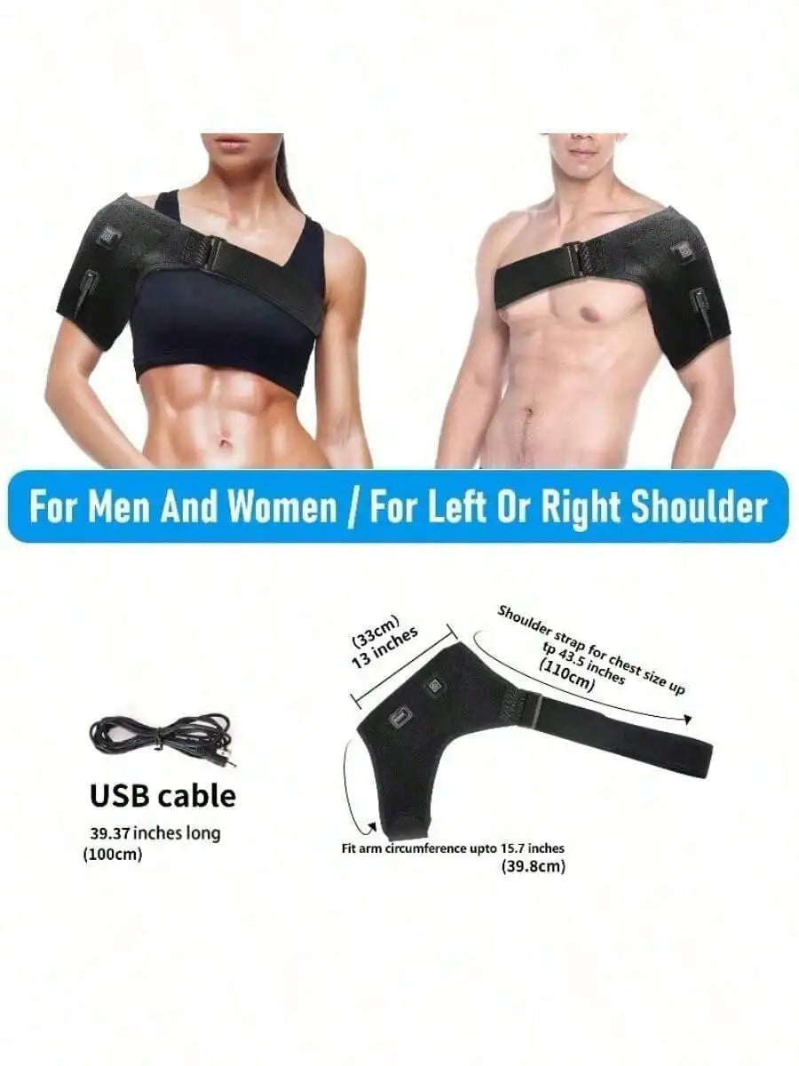 Shoulder Heating Pad size guide showing left and right shoulder use, chest and arm limits, and the USB cable.