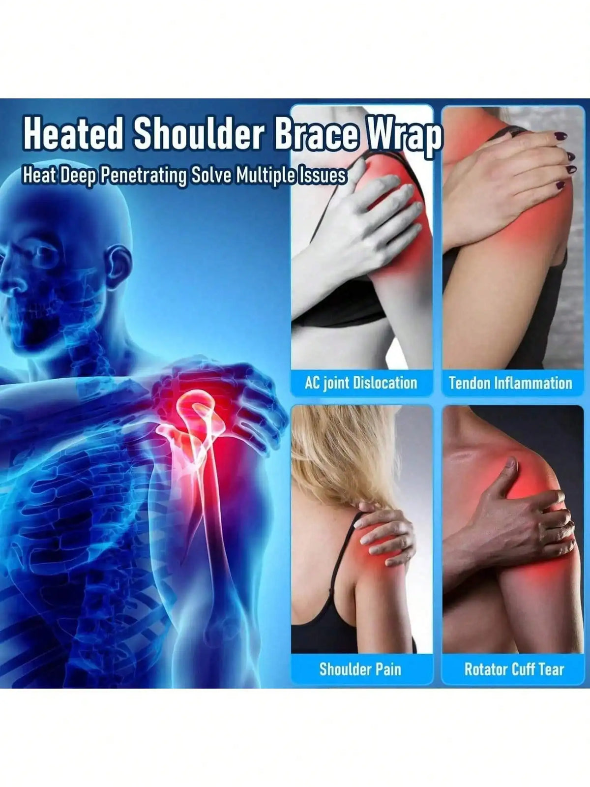 Shoulder Heating Pad supplier graphic with a shoulder anatomy illustration and labeled shoulder conditions.