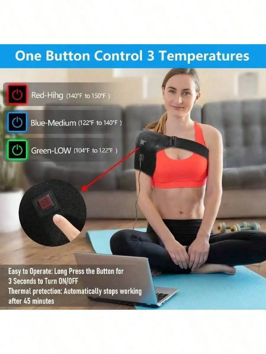 Shoulder Heating Pad temperature guide showing three heat settings, button controls, and automatic shut-off.