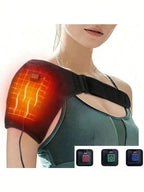 Shoulder Heating Pad with a chest strap and power cable, shown with three illuminated controller colors.
