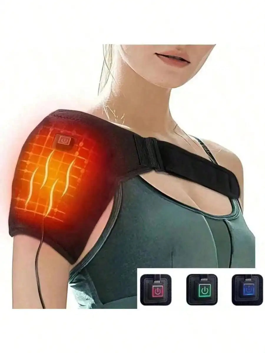 Shoulder Heating Pad with a chest strap and power cable, shown with three illuminated controller colors.