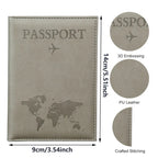 Signature Leather Passport Cover in Gray with a supplier size diagram and close-ups of texture and stitching.