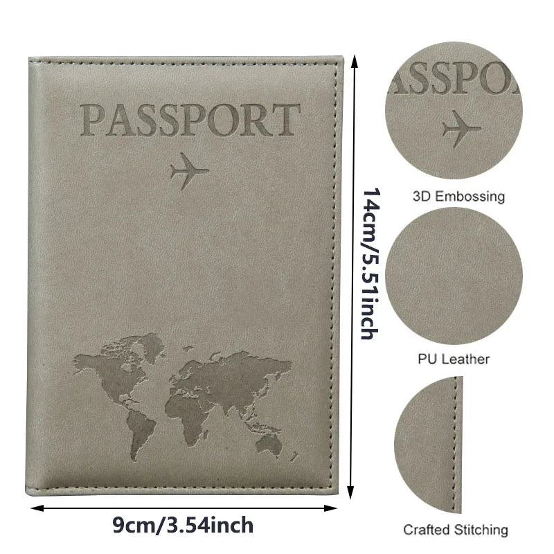 Signature Leather Passport Cover in Gray with a supplier size diagram and close-ups of texture and stitching.
