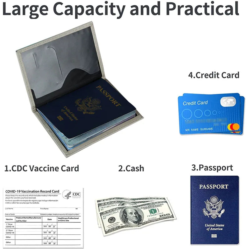 Signature Leather Passport Cover opened with a passport, alongside examples of cards and cash for storage.