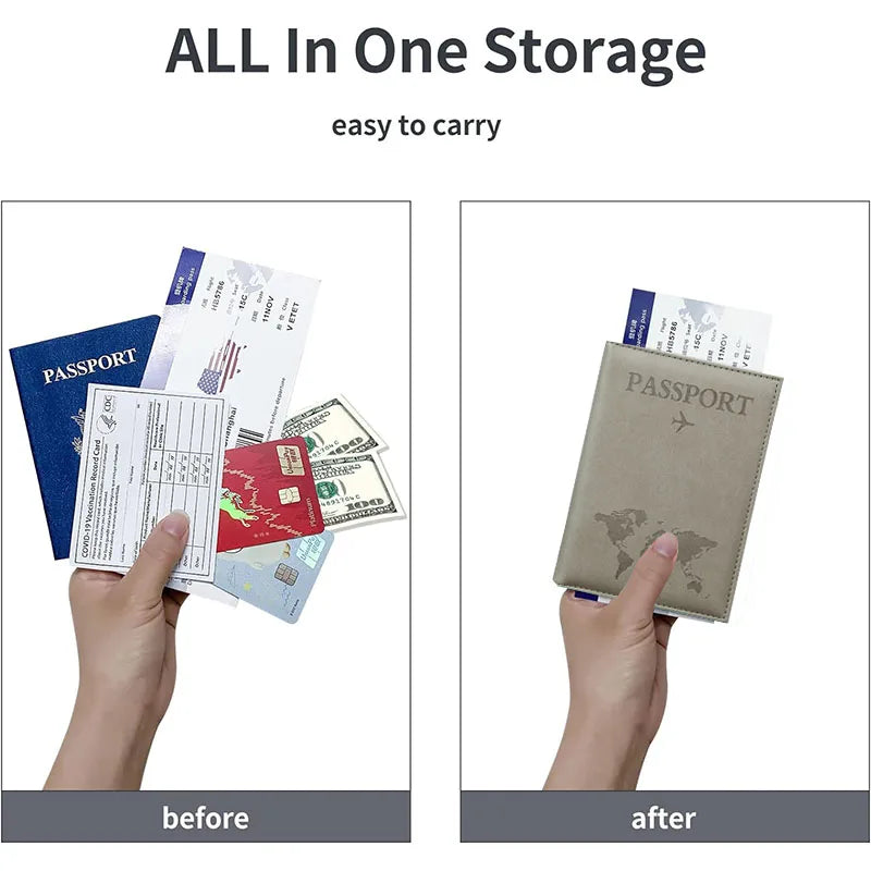 Signature Leather Passport Cover in Gray shown in a handheld before-and-after document organization graphic.