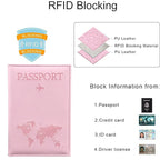 Signature Leather Passport Cover in Light Pink beside a supplier RFID-layer illustration and document icons.