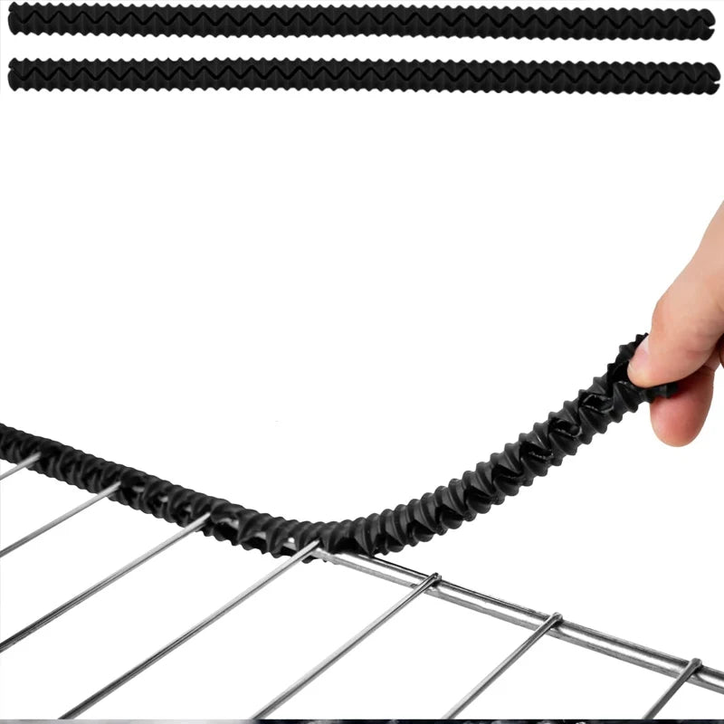 Silicone Oven Rack Covers in a black 2-pack, with a close-up of a cover being fitted onto a rack edge.