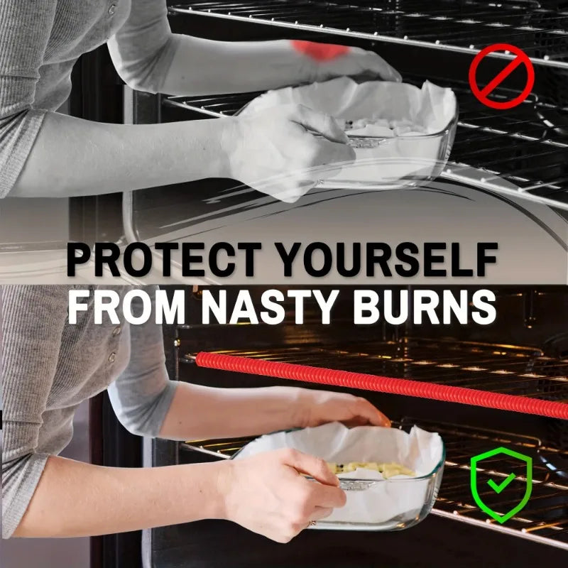 Silicone Oven Rack Covers shown in a comparison graphic of an uncovered rack and a red covered rack edge.