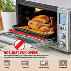 Silicone Oven Rack Covers in red on a countertop oven rack beneath a roasting tray, with appliance-use icons.