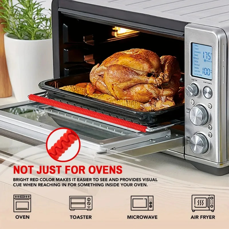 Silicone Oven Rack Covers in red on a countertop oven rack beneath a roasting tray, with appliance-use icons.