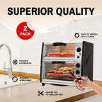 Silicone Oven Rack Covers shown on countertop oven racks with callouts for fitting, cleaning and trimming.