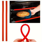 Silicone Oven Rack Covers with two red covers standing vertically and a separate view of the ribbed flexible strip.