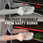 Silicone Oven Rack Covers in a split graphic showing a baker reaching beneath uncovered and covered rack edges.