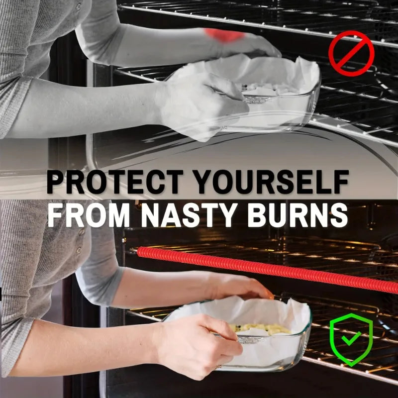 Silicone Oven Rack Covers in a split graphic showing a baker reaching beneath uncovered and covered rack edges.