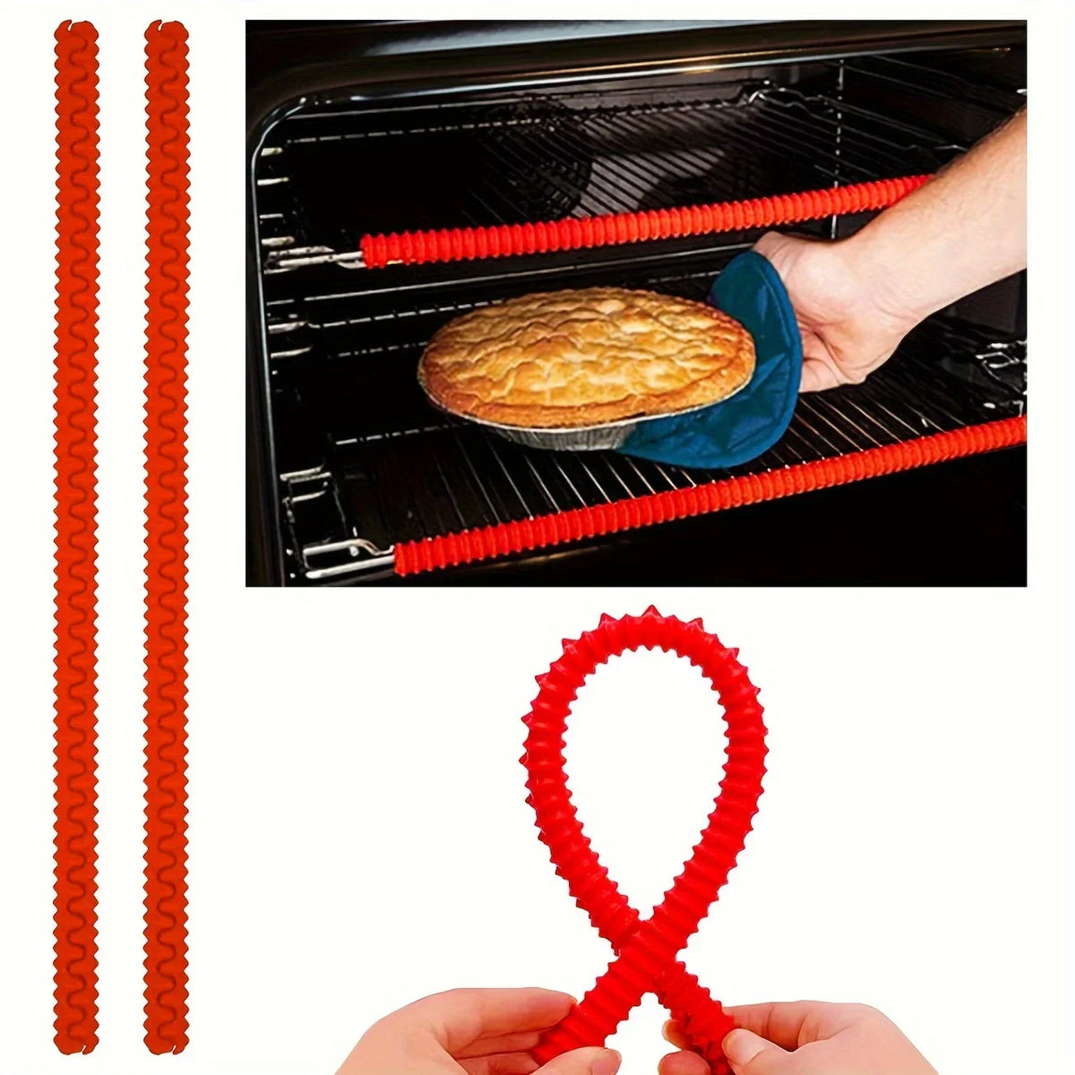Silicone Oven Rack Covers in a red 2-pack, shown on oven racks and bent into a loop by hand.