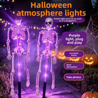 Purple skeleton yard lights feature graphic showing Halloween courtyard and doorway decoration ideas