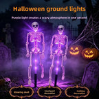 Two purple skeleton lights in a Halloween ground-light feature graphic with tombstones