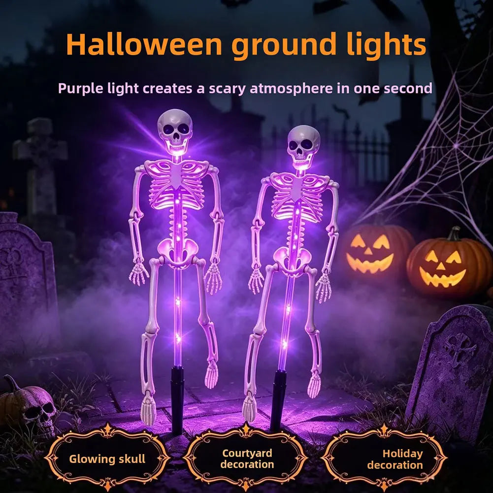 Two purple skeleton lights in a Halloween ground-light feature graphic with tombstones