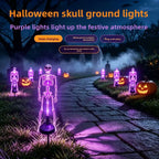 Purple solar skeleton stakes lining a winding garden path in a Halloween feature graphic