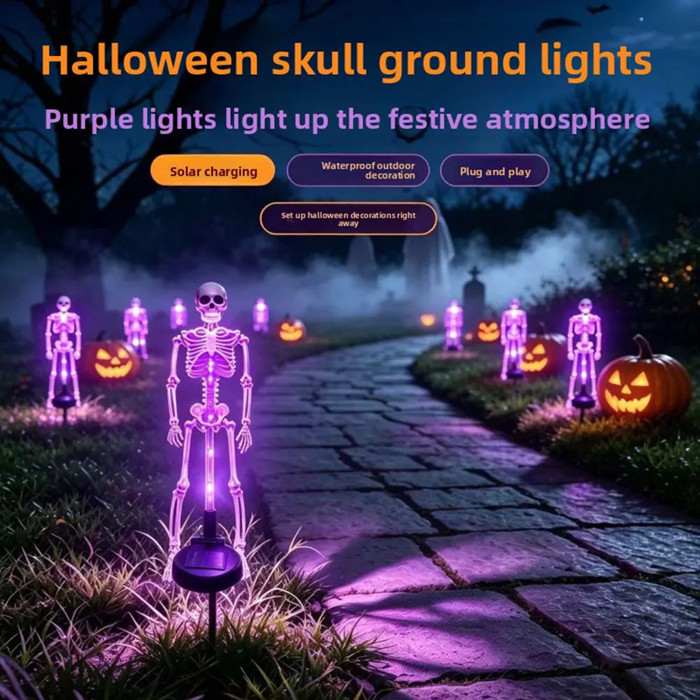 Purple solar skeleton stakes lining a winding garden path in a Halloween feature graphic