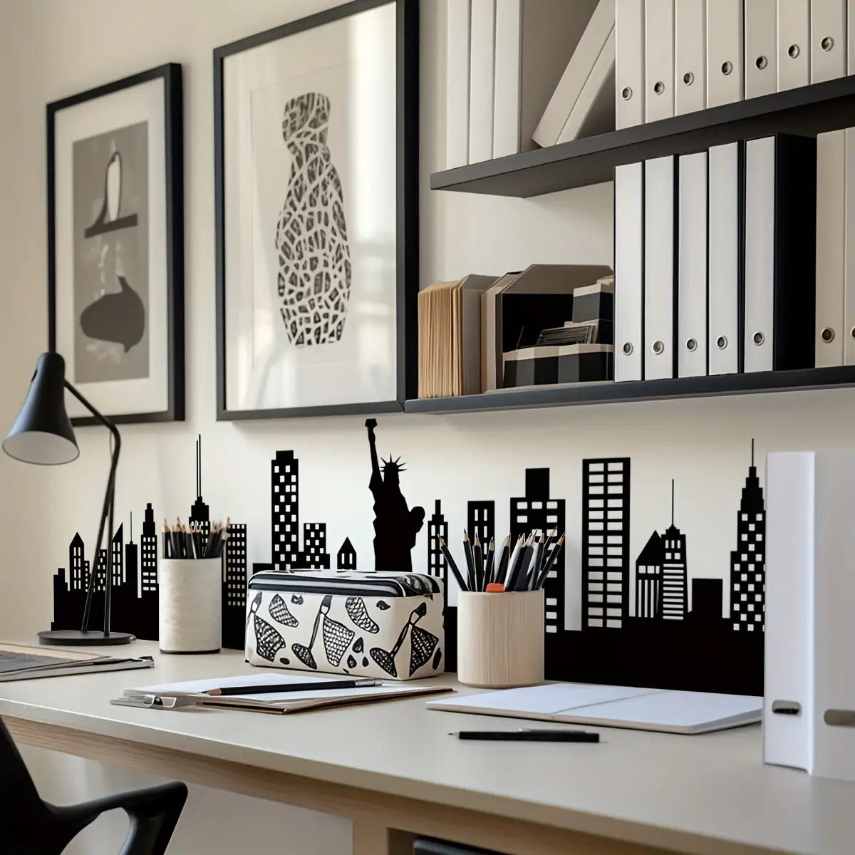 Skyline Wall Decal decorating a modern office desk with city buildings and the Statue of Liberty
