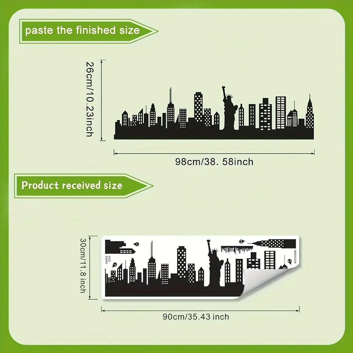 Skyline Wall Decal size guide showing its finished dimensions and compact rolled package size