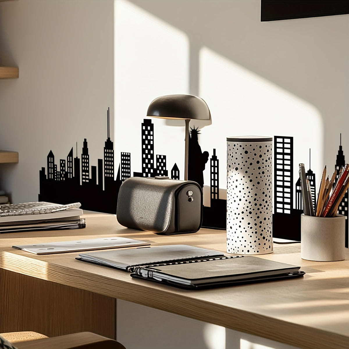 Skyline Wall Decal behind a sunlit office desk with notebooks, pencil holders and a city silhouette