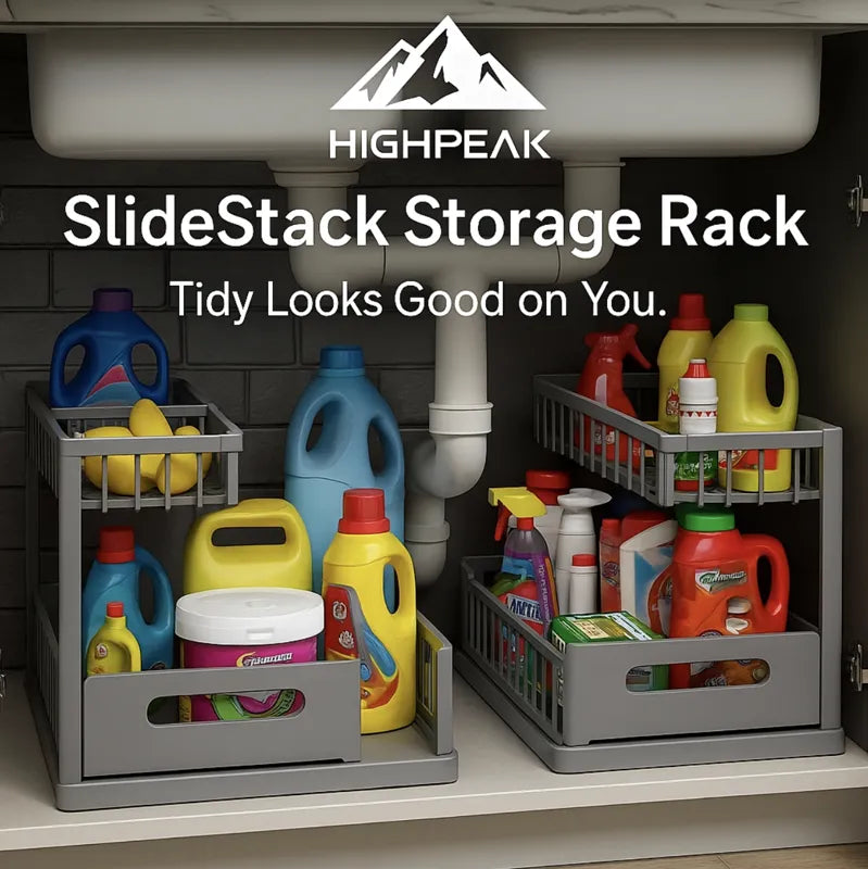 HighPeak SlideStack Storage Rack in gray metal with dual-tier sliding drawers organizing cleaning supplies under sink