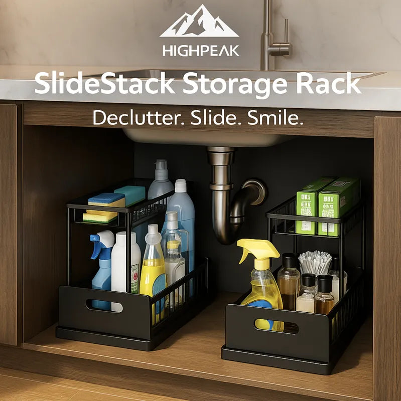HighPeak SlideStack Storage Rack black dual-tier sliding drawers organizing cleaning supplies under sink space