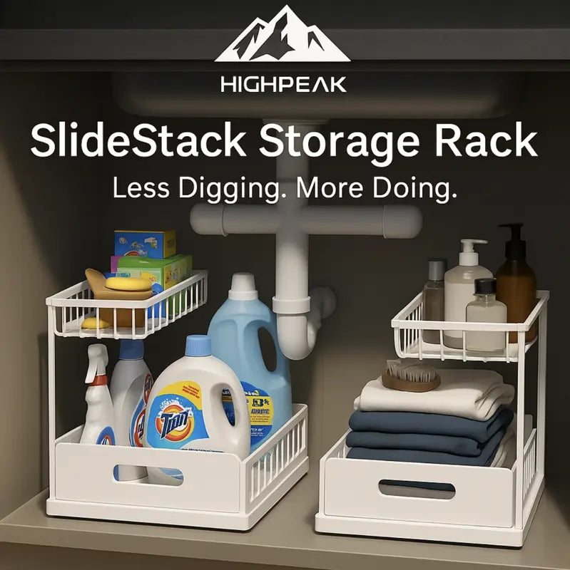HighPeak SlideStack Storage Rack in white metal with dual-tier sliding drawers organizing cleaning and bathroom supplies under a sink