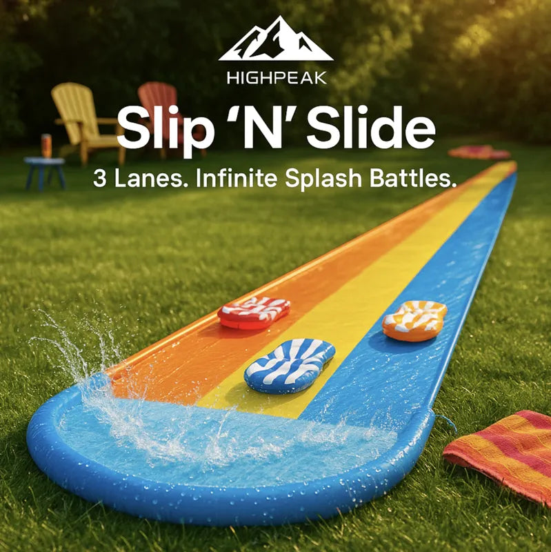 HighPeak Slip 'N' Slide - 3 Lanes in vibrant colors with included bodyboards and built-in sprinklers on green grass backyard.