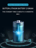 Smart Android Bluetooth Tracker — Supplier battery graphic stating 210 mAh and standby specifications