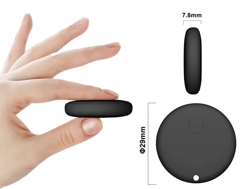 Smart Android Bluetooth Tracker — Black tracker held between fingers with diameter and thickness measurements