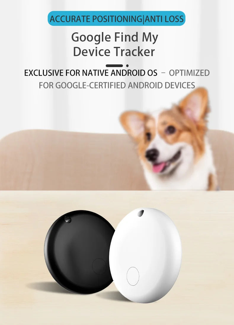 Smart Android Bluetooth Tracker — Black and white trackers on a table with a dog in the background
