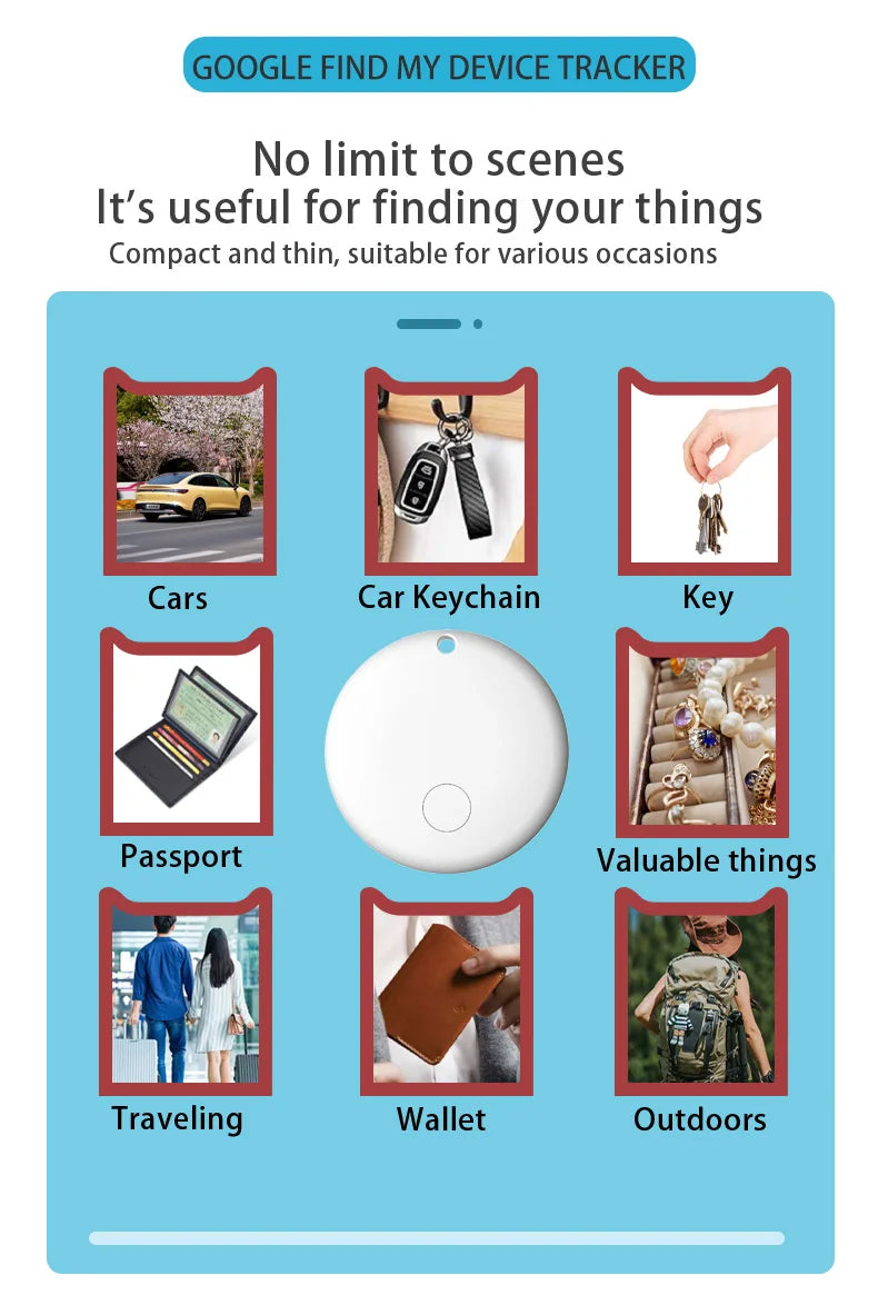 Smart Android Bluetooth Tracker — White tracker surrounded by keys, wallet and travel examples