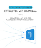 Smart Android Bluetooth Tracker — Supplier specification panel listing ABS material, weight and alarm sound