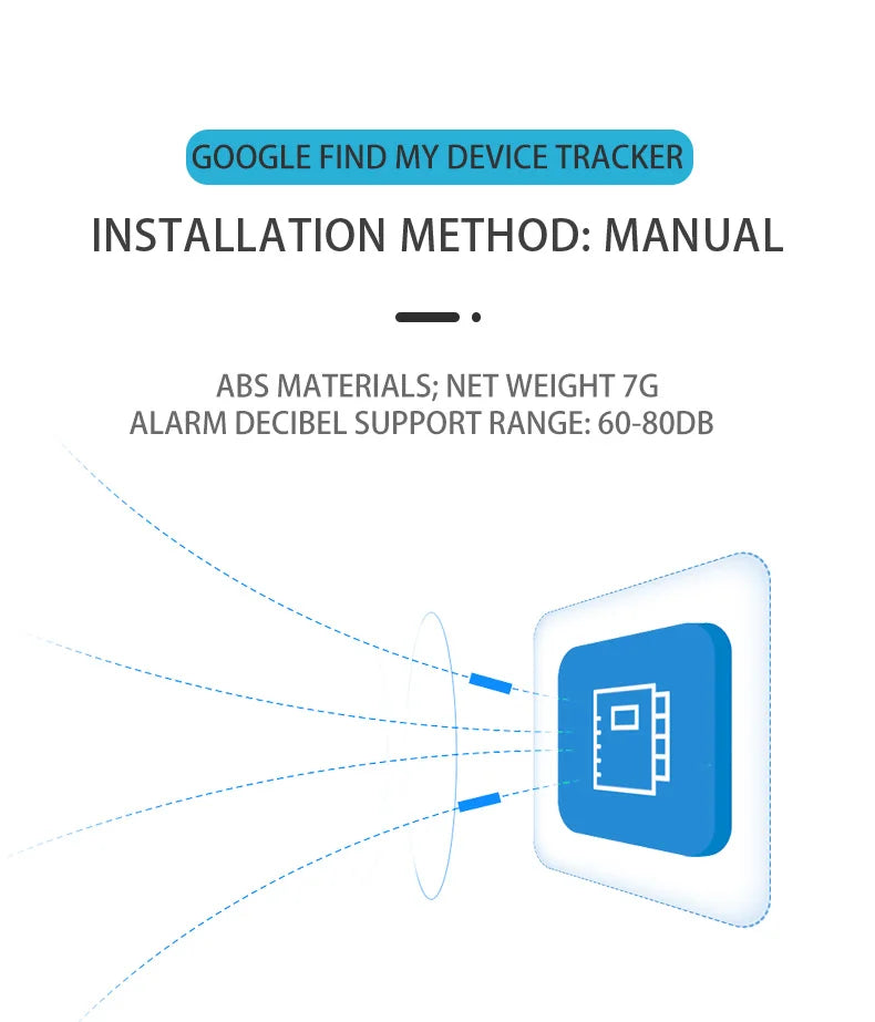 Smart Android Bluetooth Tracker — Supplier specification panel listing ABS material, weight and alarm sound