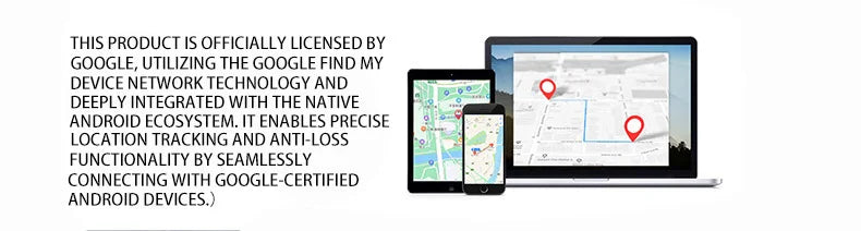 Smart Android Bluetooth Tracker — Supplier Android compatibility statement beside screens with maps
