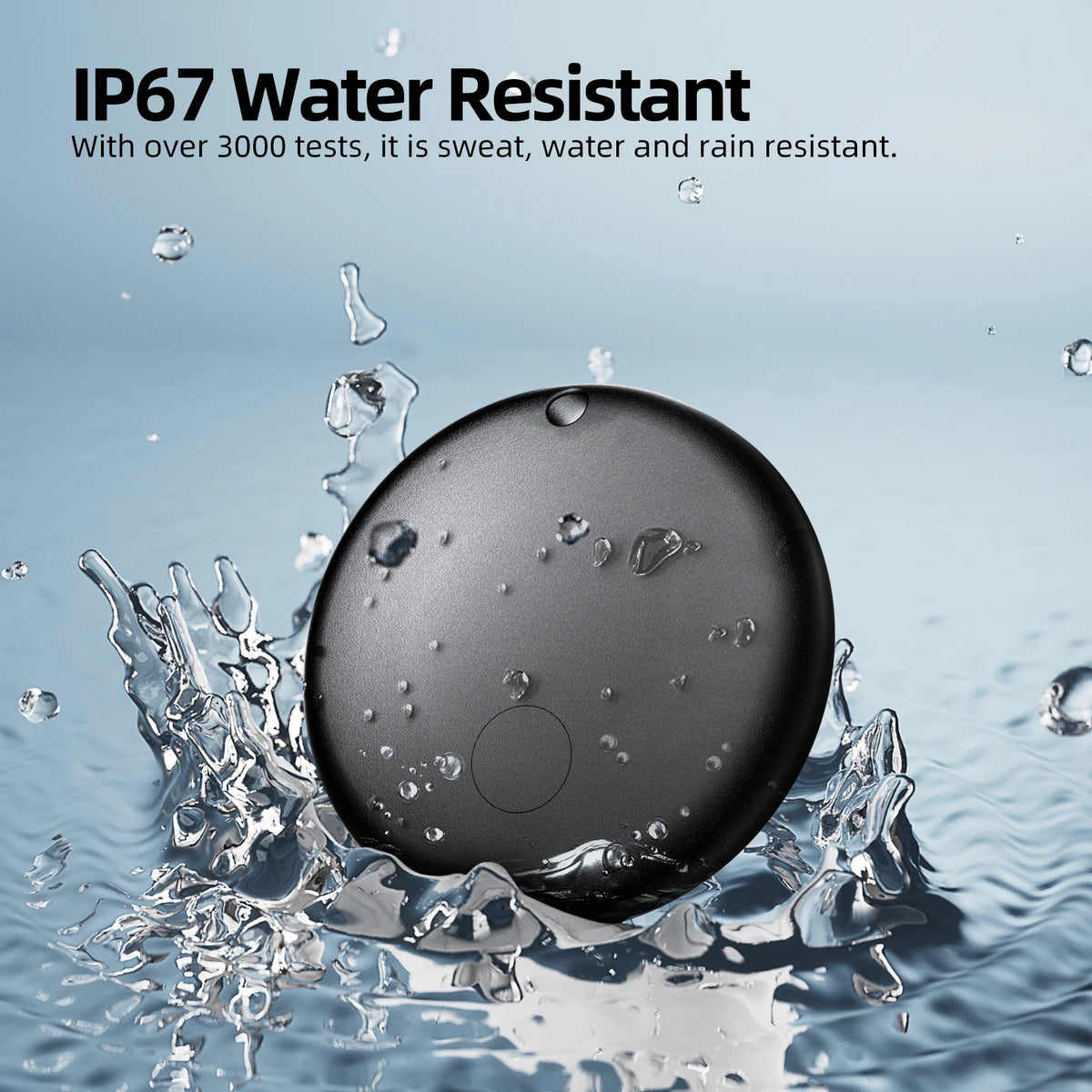 Smart Android Bluetooth Tracker — Black tracker surrounded by water with supplier IP67 text