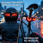 Smart LED Bike Light shown on a helmet with custom text and on a bicycle seatpost with glowing eyes