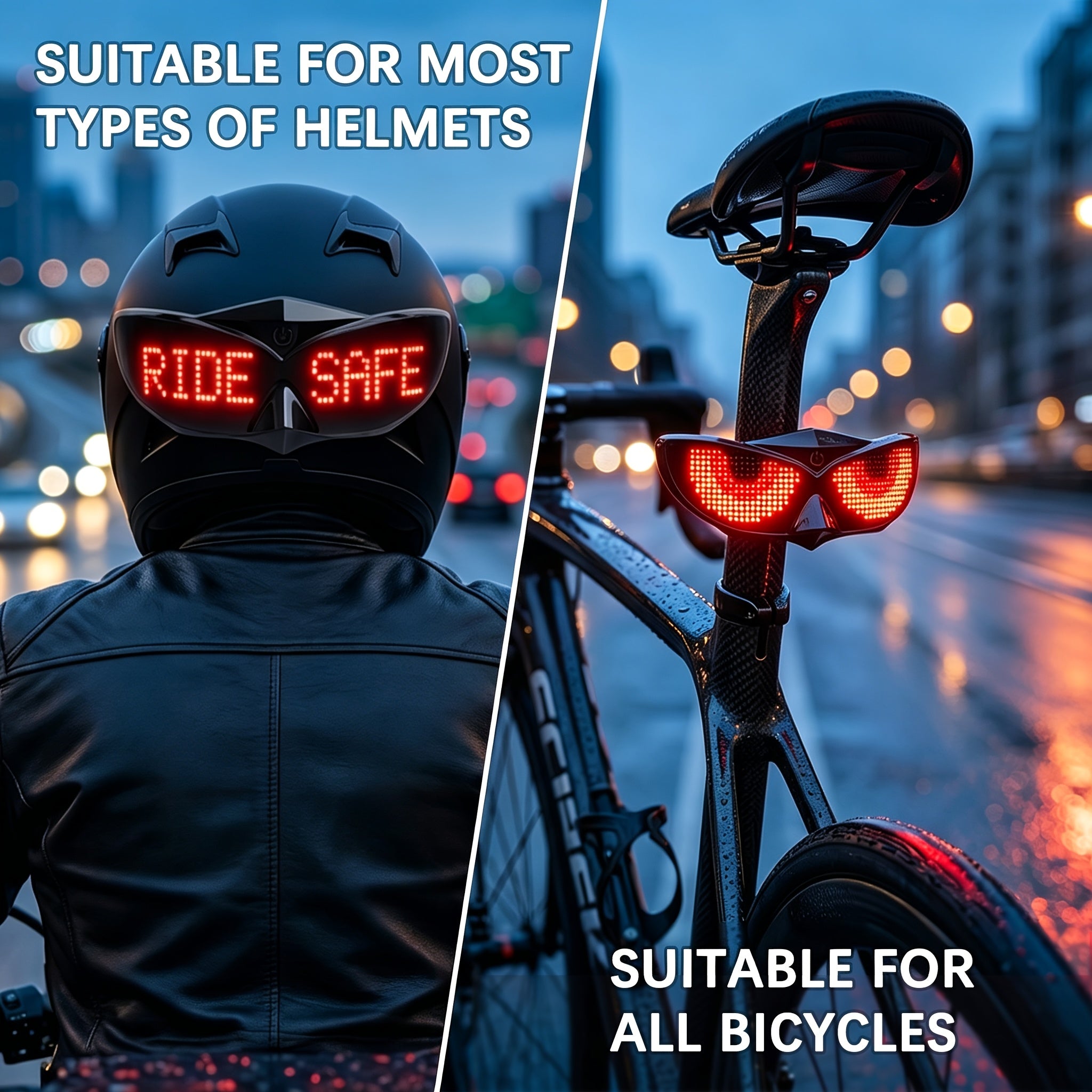 Smart LED Bike Light shown on a helmet with custom text and on a bicycle seatpost with glowing eyes