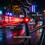 Smart LED Bike Light brake-sensing illustration showing red light effects behind a bicycle on a city street