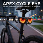Smart LED Bike Light glowing beneath a bicycle saddle in a city scene with supplier promotional text